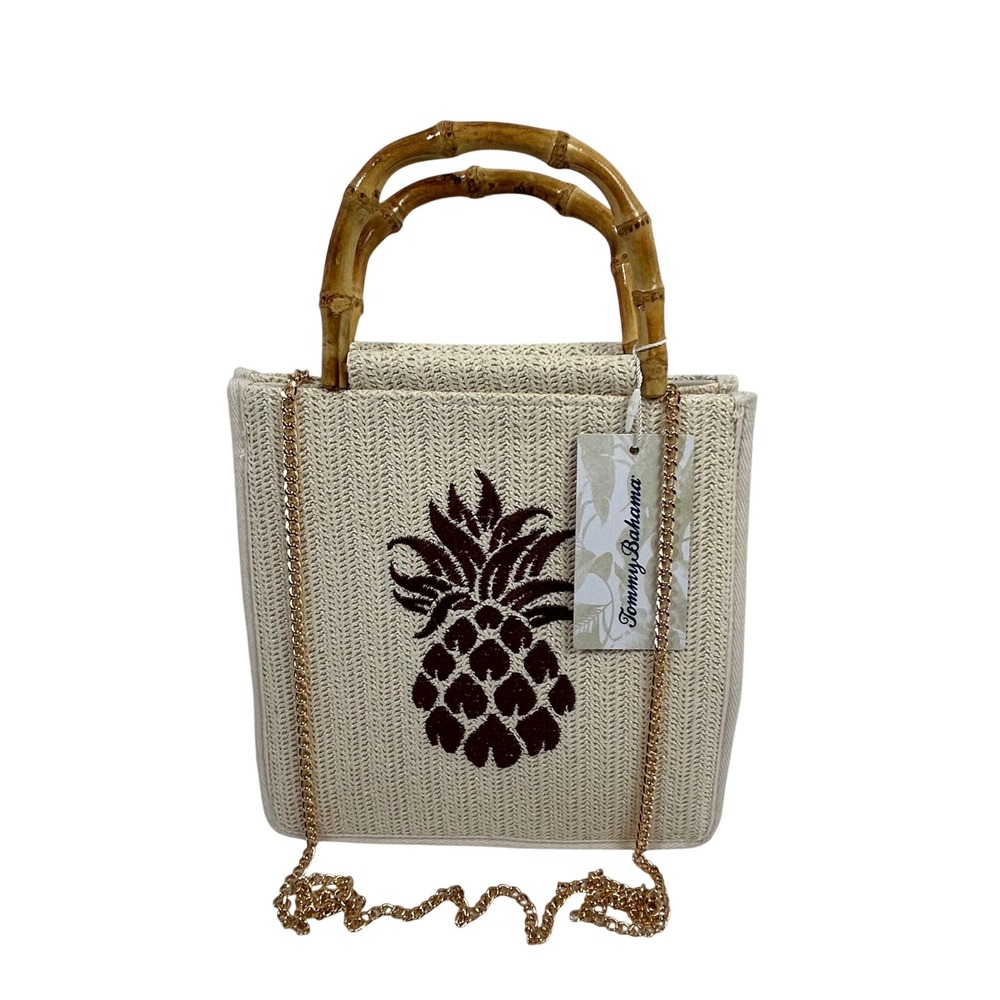 Tommy Bahama Pineapple Bamboo‎ Handle Straw Raffia Tote Crossbody Bag Cream